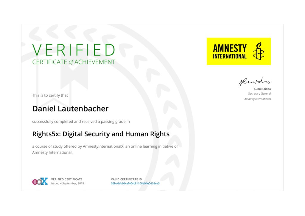 Certificate Amnesty International IT Security and Human Rights