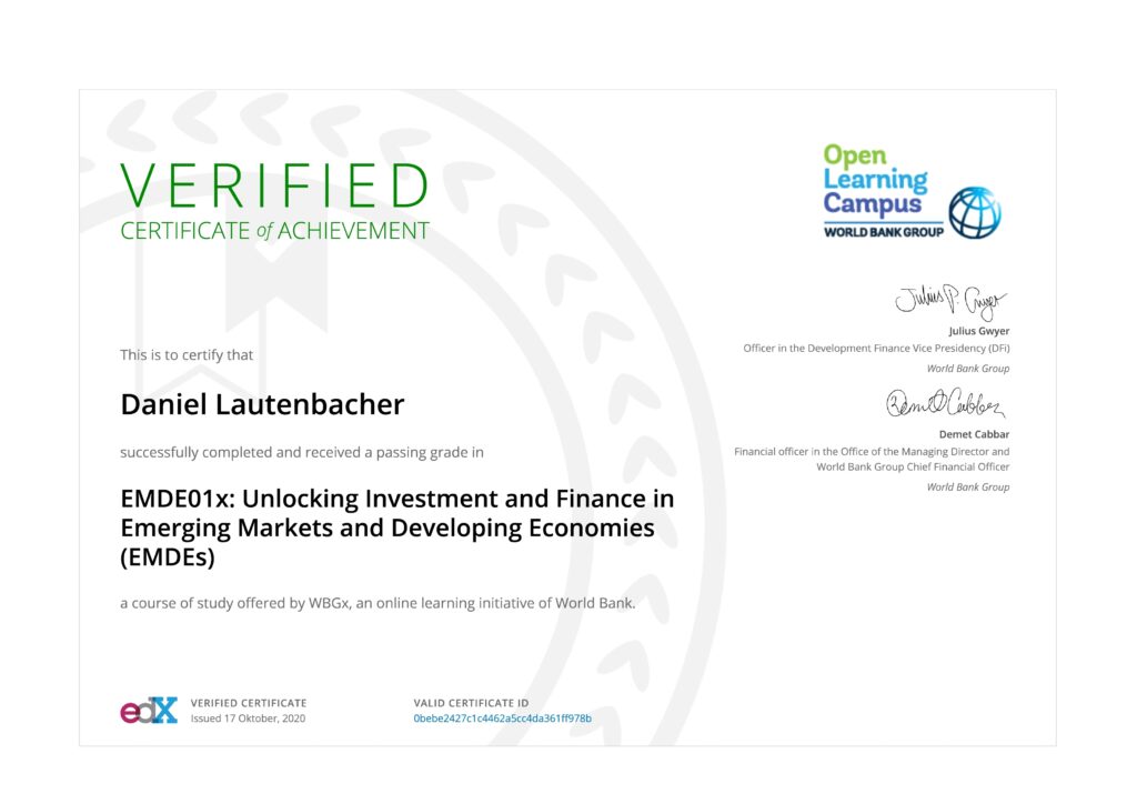 Certificate World Bank Emerging Markets and Dev. Eco.