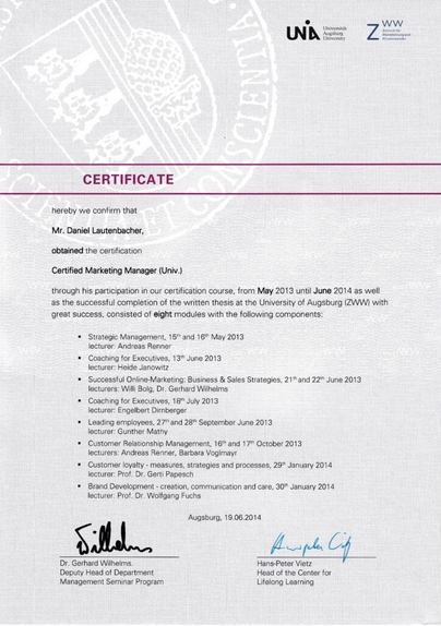 Zertifikat ISO 27001 / Wirtschaftsinformatik / Marketing